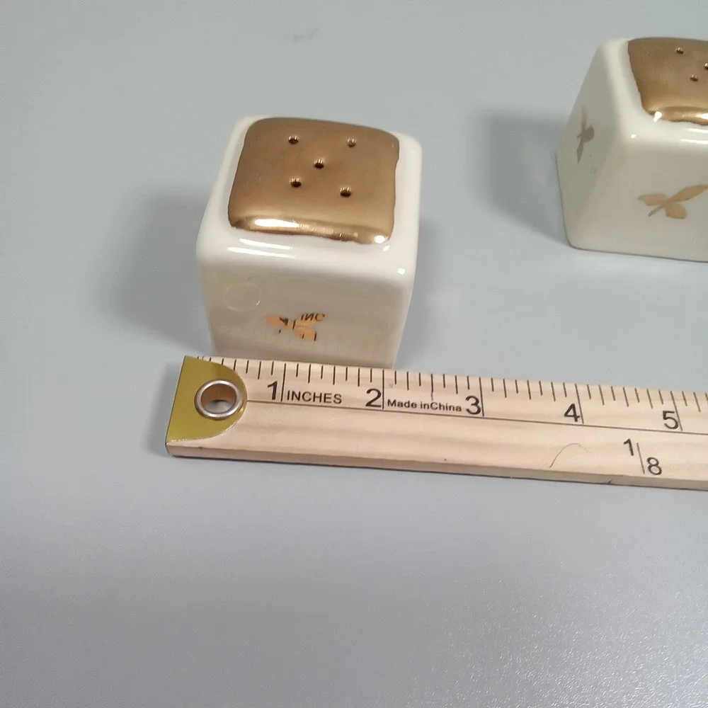 Vintage White Ceramic Cube Salt‎ and Pepper Shakers Gold Butterfly MCM Decor